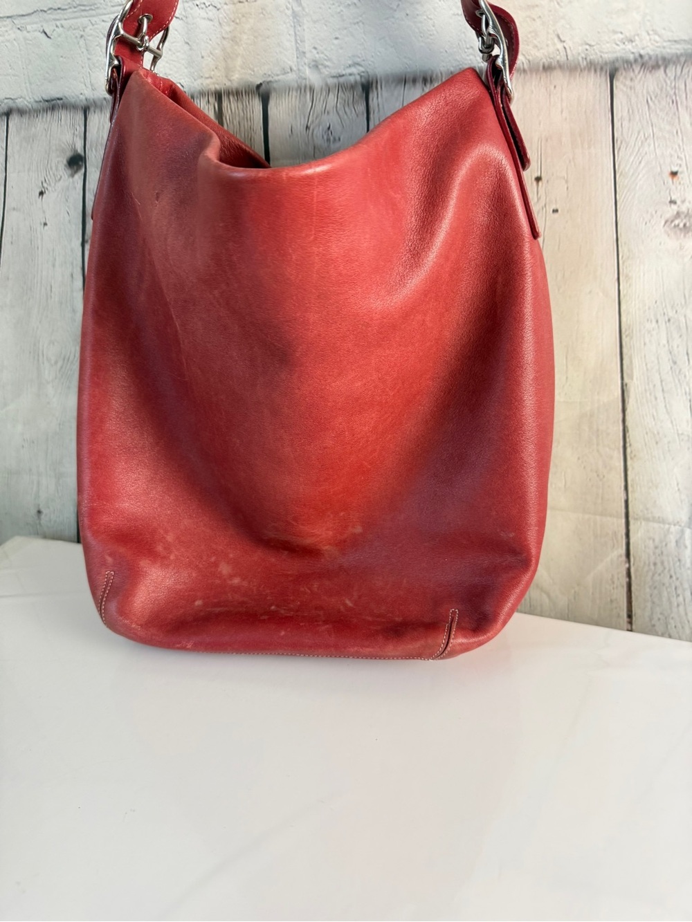 Coach Red Leather Shoulder Hobo Bag with Silver Hardware